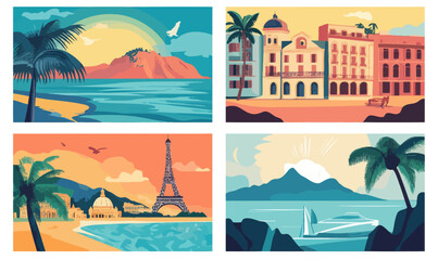 Retro Travel Destination Posters: Paris, Amalfi, San Juan in Vintage Minimalist Style