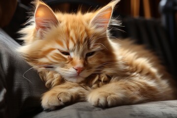 A fluffy ginger kitten rests peacefully on a cushion, its eyes closed in contentment. The soft lighting and warm colors create a cozy and comforting scene.