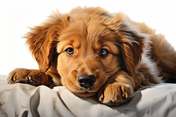 Fototapeta premium Adorable puppy relaxing on a cozy dog bed. Perfect for pet products, home comfort, or relaxation themes.