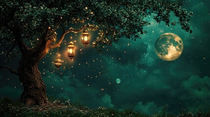 Obraz premium Moonlit night, lanterns hanging from ancient tree, starry sky, fantasy scene, ideal for mystical backgrounds