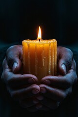 A close-up of an African American man holding a flickering candle, perfect for memorials or Black History Month, evoking peace and contemplation.