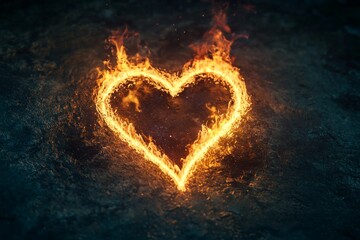 A burning heart symbol, glowing with intense flames on a dreamy background, representing passion and intensity in love. 