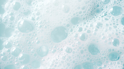 Aqua Foam Texture: Abstract close-up of a light blue and white foamy texture, featuring a myriad of bubbles in various sizes, creating a soft, ethereal and refreshing visual.