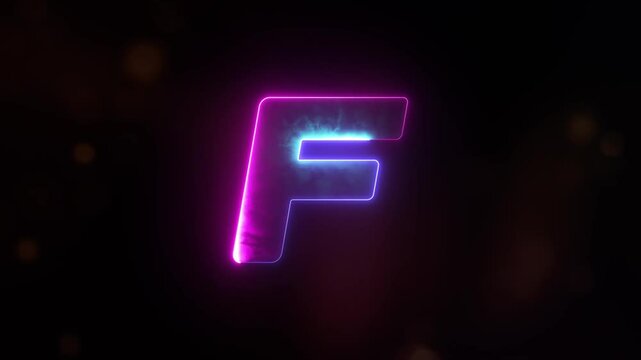 Glowing neon capital Latin alphabet F animation. English Language Letter F, Neon futuristic effect. Trendy font with glow lighting. Educational concepts