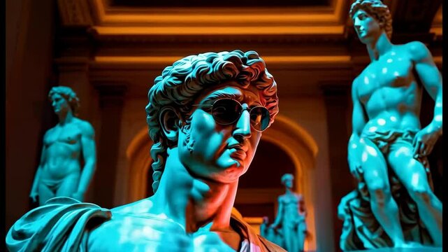 A fashionable concept, a statue of David in sunglasses stands in the hall of a modern museum along with other statues