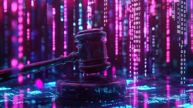 A judge's gavel is placed on a digitally rendered surface with glowing circuitry and binary code