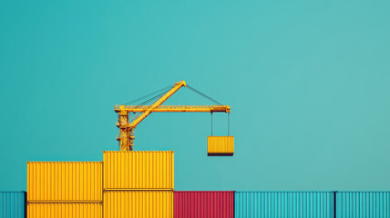 tower crane lifting colorful shipping container against blue sky