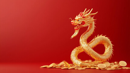Obraz premium Golden Dragon and Coins: A majestic golden dragon statue, coiled elegantly, sits amidst a pile of gold coins against a rich red background, symbolizing prosperity, good fortune, and celebration. 