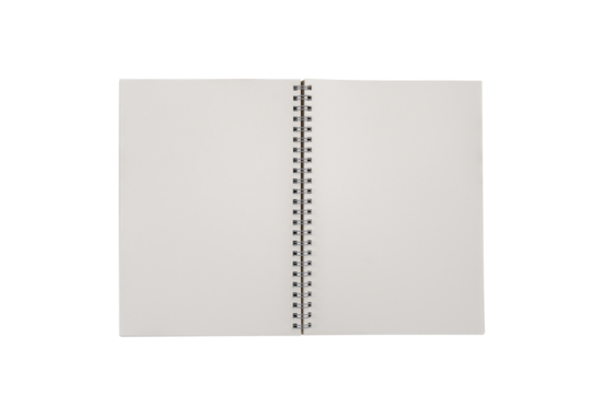 Open spiral notebook isolated with clipping path for mockup. Blank spiral notebook isolated on white background.