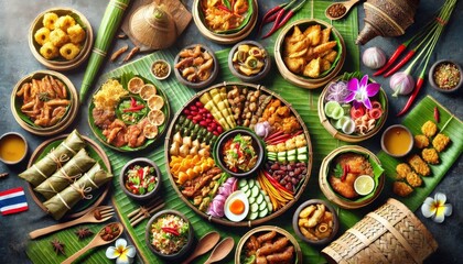 Fototapeta premium Thai food dishes laid out on a platter with herbs, bowls, and wooden spoon..Concept: Thai cuisine, food culture, delicious meal, traditional food