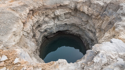 Deep in the Earth: A deep, circular well in the arid landscape, its rocky edges revealing the secrets of the earth.  The still water reflects the sky, creating a haunting beauty.