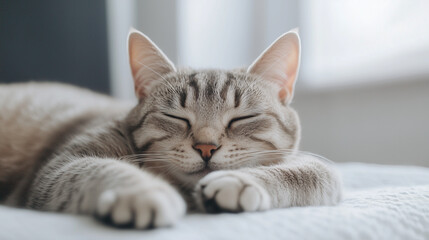 Naklejka premium Peaceful Slumber: A grey tabby cat, eyes closed, lies curled up in a peaceful sleep, paws tucked neatly beneath its chin, exuding serenity and contentment. 