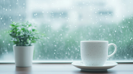 Rainy Day Coffee: A serene image of a white coffee cup and saucer accompanied by a small potted plant, all set against a windowpane speckled with raindrops.