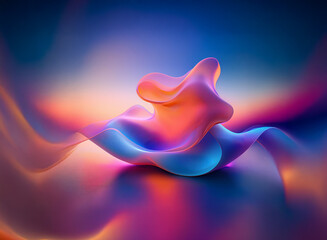Abstract 3D rendering of vibrant, biomorphic shapes.  A luminous, colorful sculpture sits atop a flowing, abstract background.  The scene is lit with a soft, warm glow.