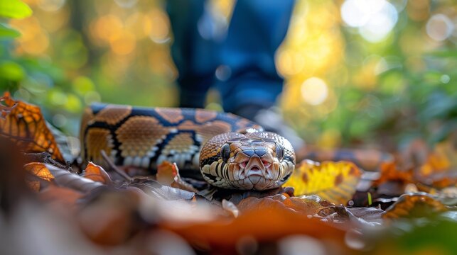In a vibrant, colorful park, a vet walks a Ball Python, its sleek scales shining in the natural outdoor setting, highlighting the beauty of this unique reptile.