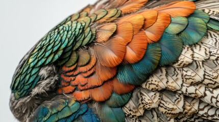 Obraz premium Close-up of Vibrant Bird Feathers Displaying a Rich Palette of Colors and Textures