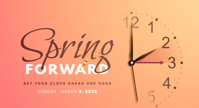 Daylight saving time. Spring forward concept banner with realistic 3d clock hands on orange background. Clock Dial with hands moving ahead one hour in March 9, 2025. Vector illustration