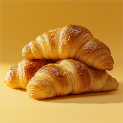 three golden brown croissants stacked on top of each other.  on a yellow background.