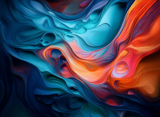 Obraz premium Abstract swirling forms in vibrant teal, orange, and deep blue hues. The dynamic composition creates a sense of movement against a dark background.