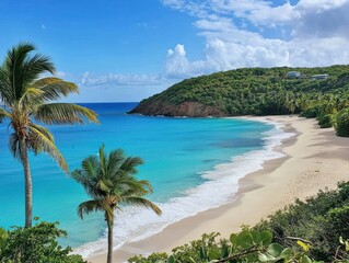 Tropical beach paradise with turquoise water white sand and lush green hills on a sunny day