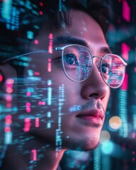 Futuristic Tech Insight Korean Man with Digital Interface and Blockchain Glow