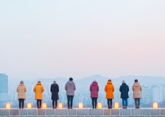 Silhouetted Group in Colorful Coats Overlooking Cityscape at Dusk