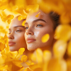 Glowing skin on models with floating turmeric extracts in a clean, minimalist backdrop, copy space available