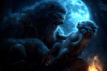 werewolf holding a baby werewolf under a full moon