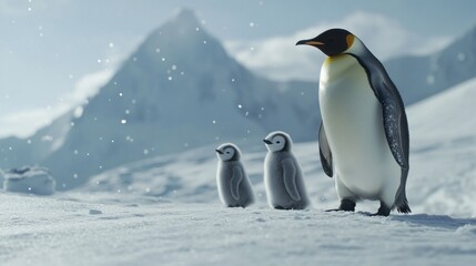 Fototapeta premium Emperor penguin and two chicks stand in a snowy landscape with mountains