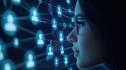 Fototapeta premium Woman navigating a network of social connections on computer monitor