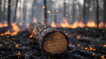 Fototapeta na wymiar Forest Fire Aftermath: A close-up shot of a charred log amidst the smoldering embers of a recent forest fire, the flames dancing in the background.