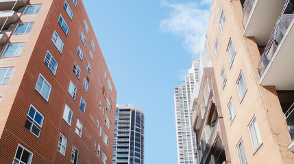 Obraz premium Cityscape Perspective: Looking up towards towering residential buildings against a vibrant blue sky, showcasing architectural details and urban density. 