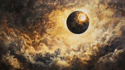 Dark Planet Against Golden Storm Clouds In Space Dramatic Fantasy Digital Art Illustration