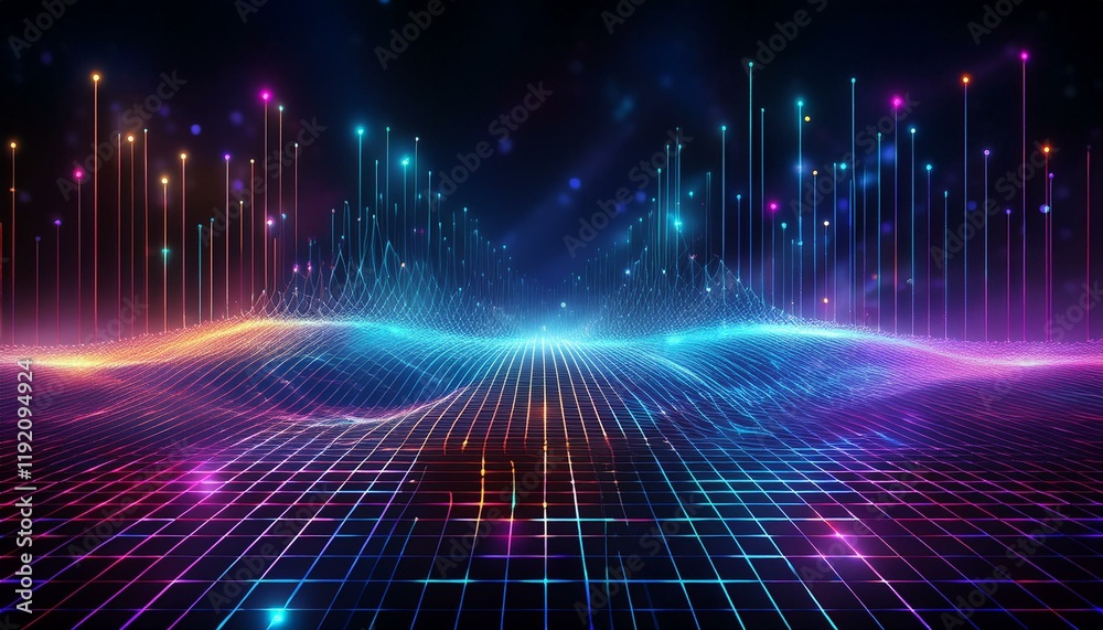 Poster abstract futuristic web with glowing neon light and grid line pattern on dark background. generated 