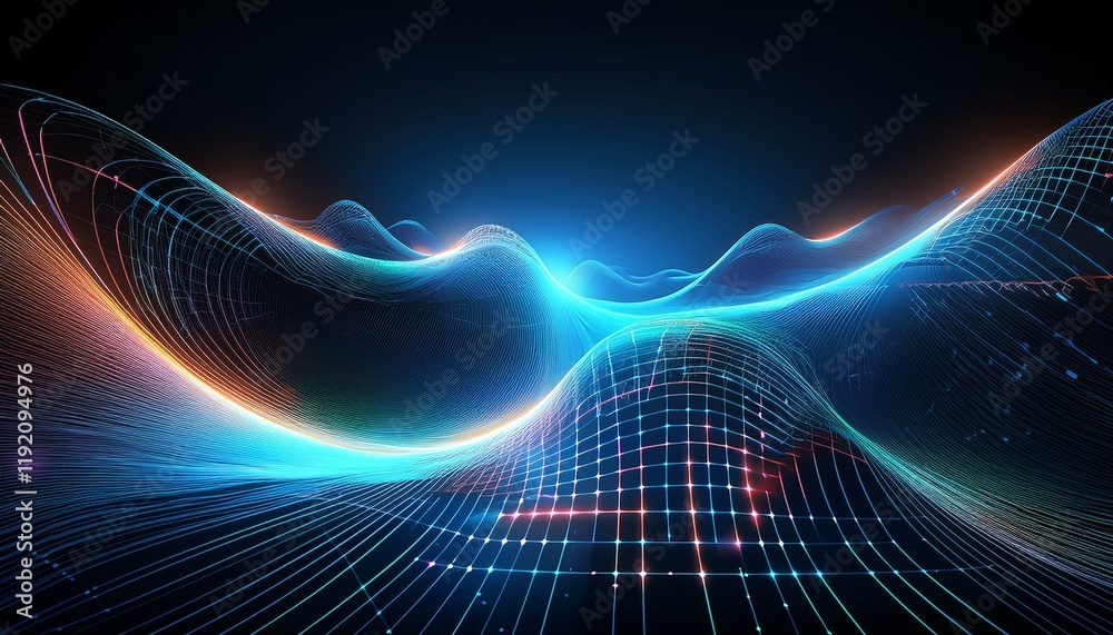 Poster abstract futuristic web with glowing neon light and grid line pattern on dark background. generated 