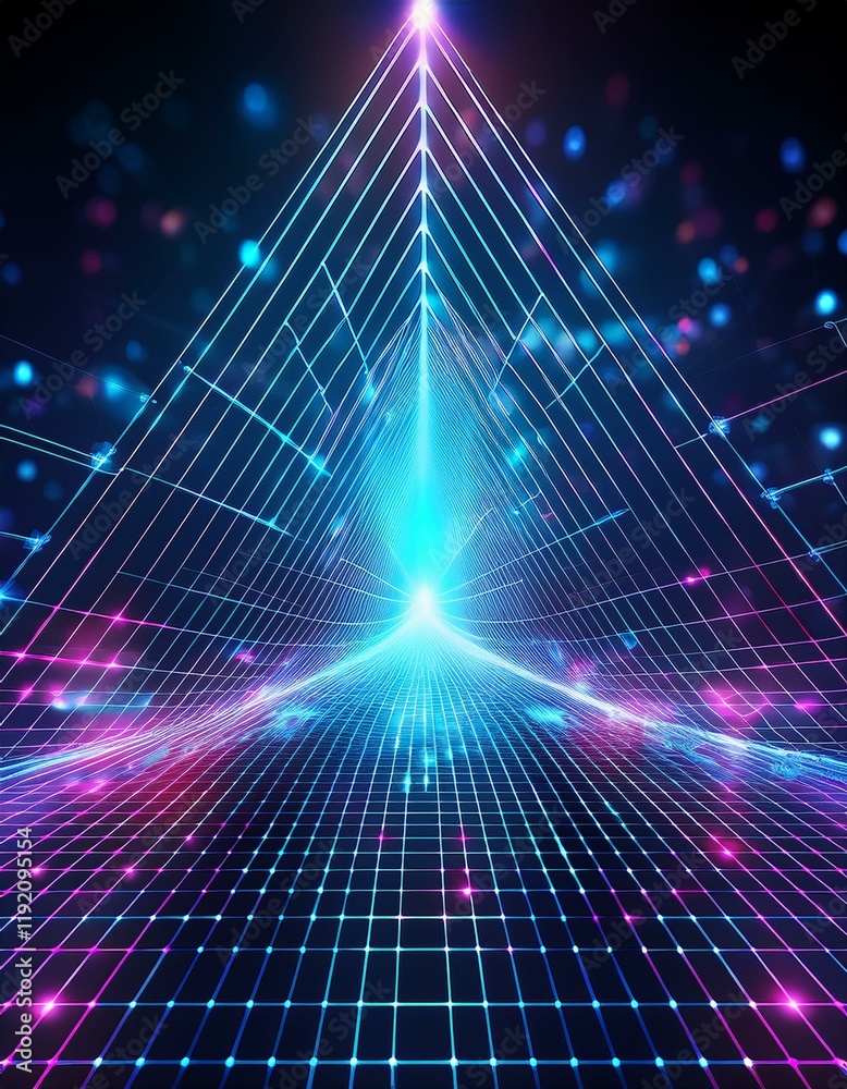Poster abstract futuristic web with glowing neon light and grid line pattern on dark background. generated 