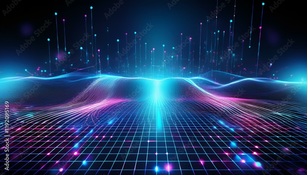 Poster abstract futuristic web with glowing neon light and grid line pattern on dark background. generated 