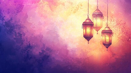 Festive lanterns illuminate a vibrant, colorful sky; ideal for Ramadan or holiday greetings