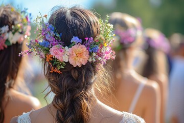 Naklejka premium Woman with Flower Crown at Outdoor Summer Event Back View