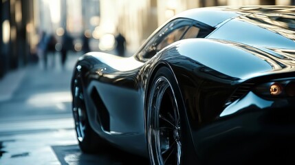 Sleek Black Sports Car on City Street: Automotive, Luxury, Vehicle, Design, Style, Performance, Speed, Power, Wheels, Tires