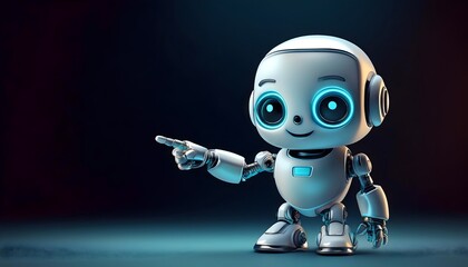 android robot with screen, cute mini robot pointing fingers at copy space on black background