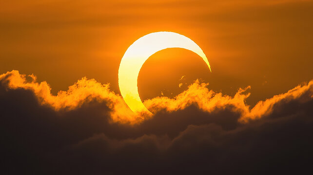Dramatic Partial Solar Eclipse Behind Clouds During Sunset with Beautiful Orange Sky View
