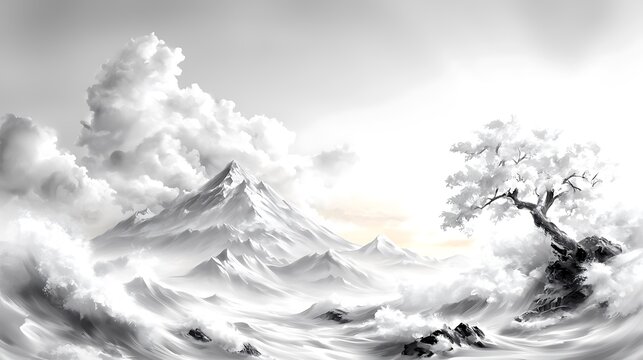 Monochromatic landscape painting of a snow-capped mountain range with a solitary tree under a cloudy sky.
