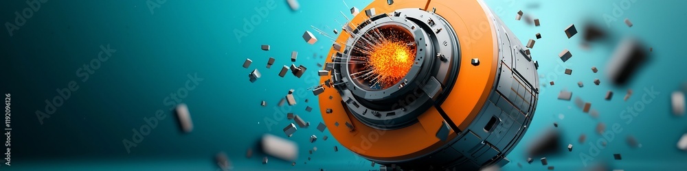 Poster detailed of a complex futuristic particle accelerator device measuring the frequency and impact of s