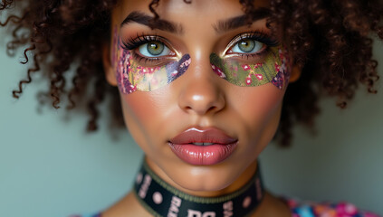 Obraz premium “Extreme Closeup of a Fashion Designer’s Face with Measuring Tape Around Neck” – A creative expression with fabric patterns reflected in the eyes, symbolizing artistry, passion, and innovation in fash