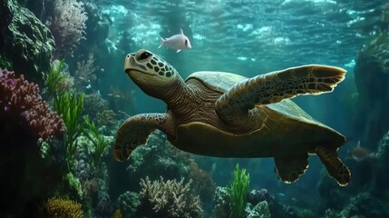 Obraz premium A serene ocean scene of a green sea turtle swimming gracefully in its habitat