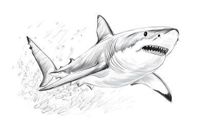Monochrome illustration of a great white shark swimming in water, depicted with detailed textures and splashing.