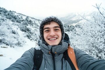 A smiling young man in a winter jacket, taking a selfie with the snowy mountain landscape in the background, enjoying his winter hiking trip.