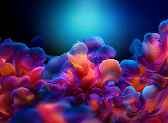 Naklejka premium Vibrant, swirling colors create an ethereal underwater scene against a dark blue background. The organic forms resemble luminous coral or smoke.
