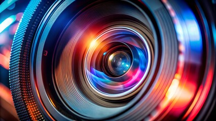 Camera Lens Abstract Composition, Red and Blue Light, Focus Depth